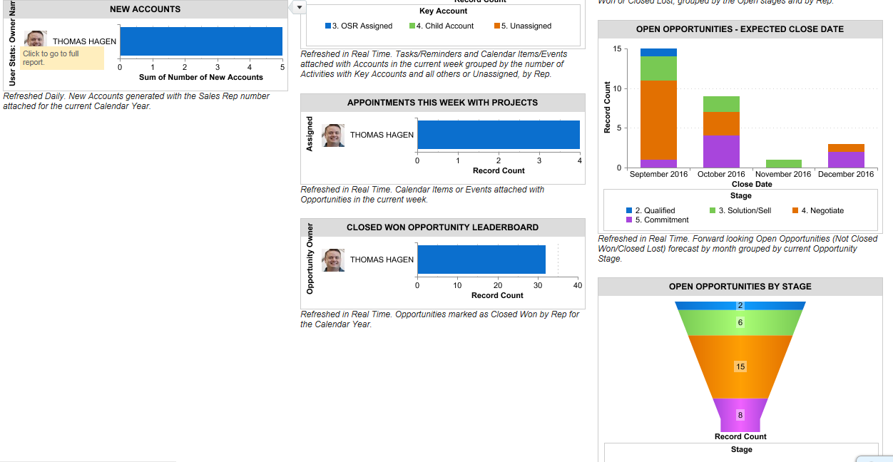 Sales dashboard: rep's accounts, appointments, opportunities, and performance metrics